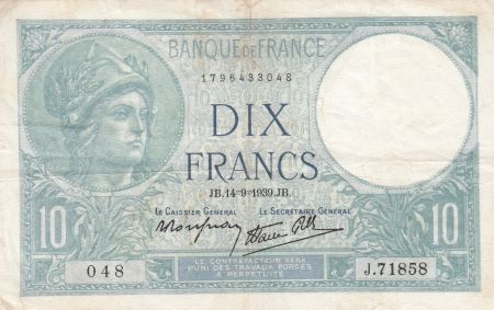 France 10 Francs Minerve - 14-09-1939 Série J.71858 - TTB
