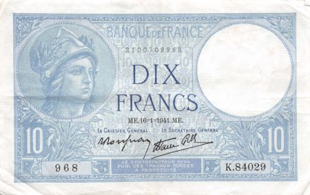 France 10 Francs Minerve - 16-01-1941 Série K.84029 - TTB+