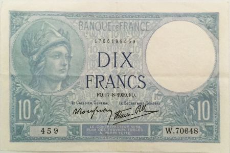 France 10 Francs Minerve - 17-08-1939 Série W.70648 - TTB+