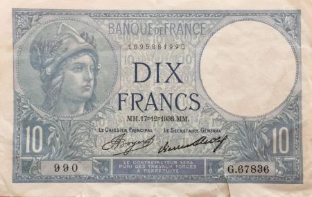 France 10 Francs Minerve - 17-12-1936 Série G.67836 - TTB