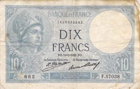 France 10 Francs Minerve - 19-03-1931 Série F.57038 - TB