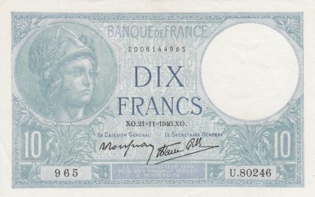 France 10 Francs Minerve - 21-11-1940 - Série U.80246