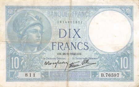 France 10 Francs Minerve - 26-09-1940 Série B.76597 - TB