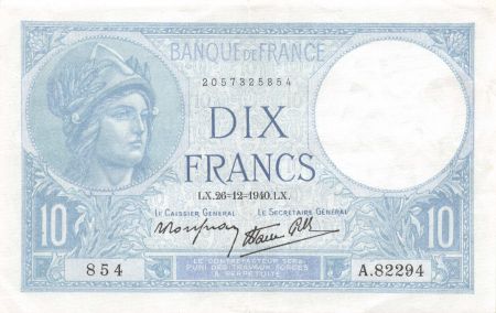 France 10 Francs Minerve - 26-12-1940 Série A.82294 - SUP