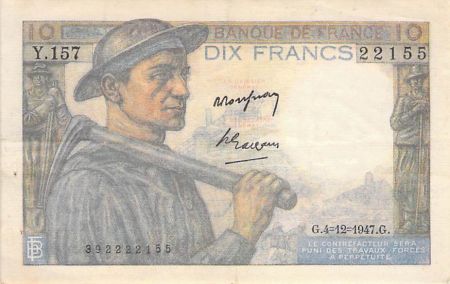 France 10 Francs Mineur - 04-12-1947 Série Y.157 - PTTB