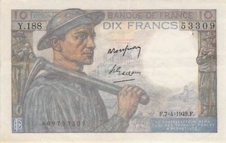 France 10 Francs Mineur - 07-04-1949 Série Y.188 - TTB