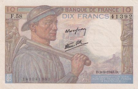 France 10 Francs Mineur - 09-09-1943 Série F.58 - TTB