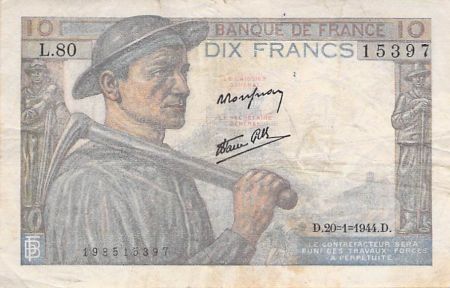 France 10 Francs Mineur - 20-01-1944 Série L.80 - PTTB