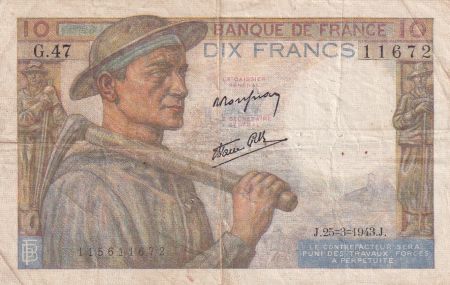 France 10 Francs Mineur - 25-03-1943 Série G.47 - TTB
