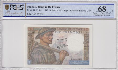 France 10 Francs Mineur - 25-03-1943 Série P.53   -  PCGS 68 OPQ