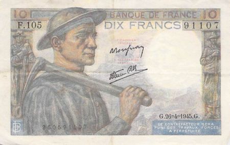 France 10 Francs Mineur - 26-04-1945 Série F.105 - TTB
