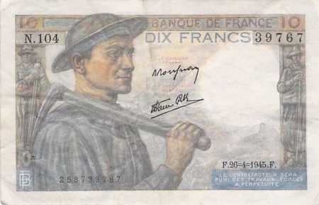 France 10 Francs Mineur - 26-04-1945 Série N.104 - PTTB