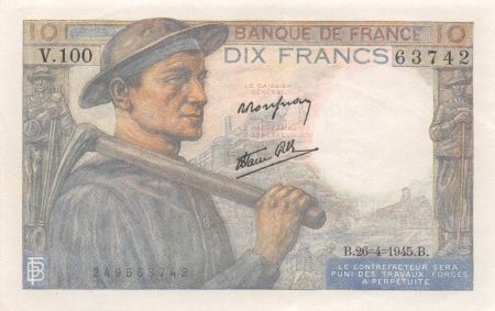 France 10 Francs Mineur - 26-04-1945 Série V.100 - SPL