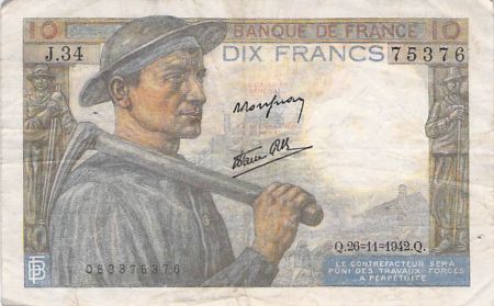 France 10 Francs Mineur - 26-11-1942 Série J.34 - TB