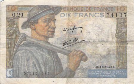 France 10 Francs Mineur - 26-11-1942 Série O.29 - TB+