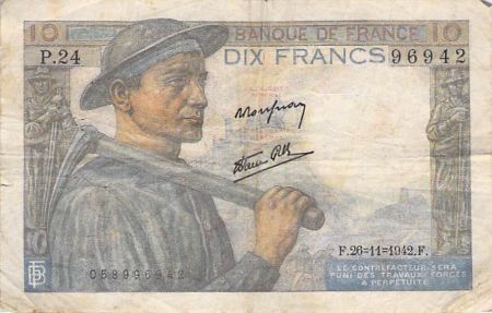 France 10 Francs Mineur - 26-11-1942 Série P.24 - TB