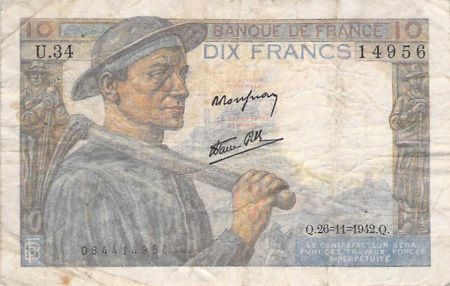 France 10 Francs Mineur - 26-11-1942 Série U.34 - B+