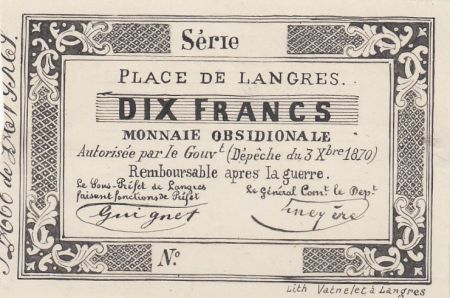 France 10 Francs Place des Langres - 1870 - Monnaie Obsidionale