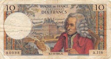 France 10 Francs Voltaire - 01-10-1964 Série A.116 - TB