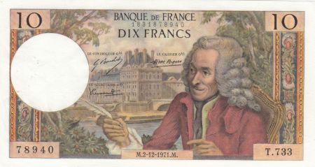 France 10 Francs Voltaire - 02-12-1971 Série T.733 - SUP