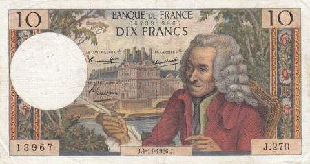 France 10 Francs Voltaire - 04-11-1966 Série J.270 - PTTB