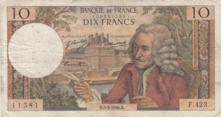 France 10 Francs Voltaire - 05-09-1968 Série F.423 - TB