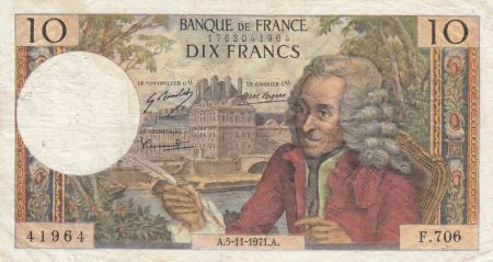 France 10 Francs Voltaire - 05-11-1971 Série F.706 - TB+