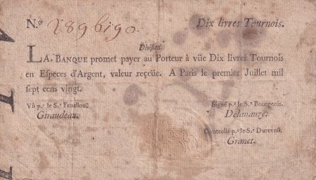 France 10 Livres - Banque de Law - 01-07-1720 - typographié - TB