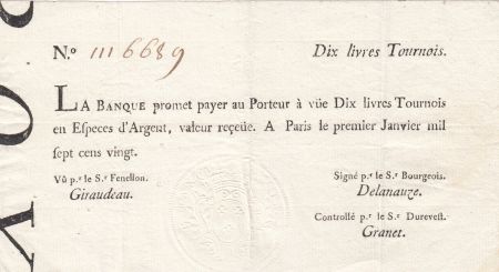 France 10 Livres Banque de Law - 01-01-1720, typographié - 1116689