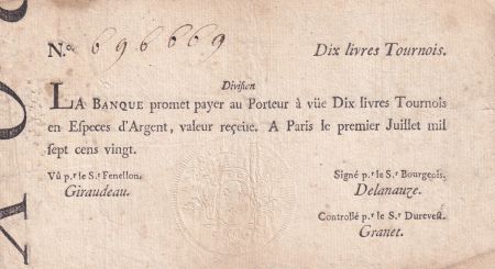 France 10 Livres Banque de Law - 01-01-1720, typographié - Division