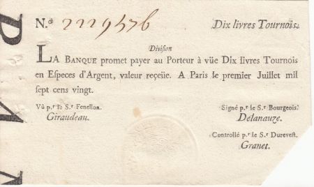 France 10 Livres Banque de Law - 01-07-1720, typographié - 2229476