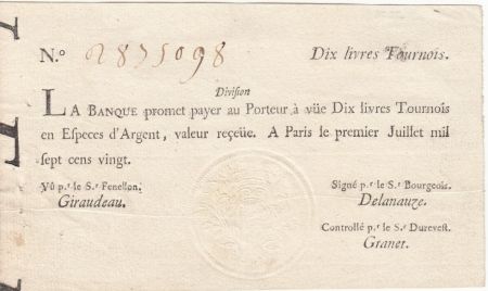 France 10 Livres Banque de Law - 01-07-1720, typographié - Division