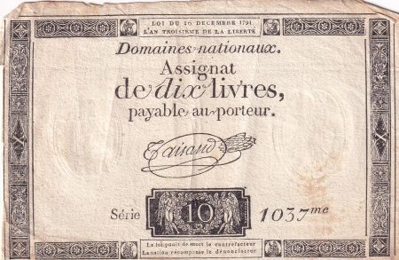 France 10 Livres Noir - Filigrane Fleur de Lys - (16-12-1791) - Sign. Taisaud - Série 1037