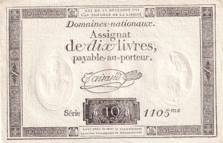 France 10 Livres Noir - Filigrane Fleur de Lys - (16-12-1791) - Sign. Taisaud - Série 1105 - L.146