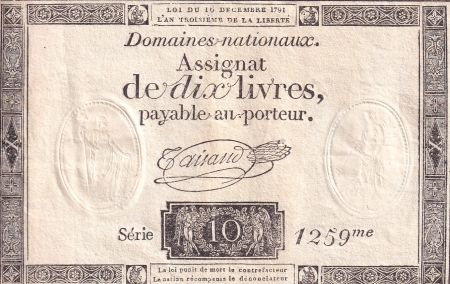 France 10 Livres Noir - Filigrane Fleur de Lys - (16-12-1791) - Sign. Taisaud - Série 1259 - L.146