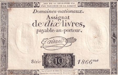 France 10 Livres Noir - Filigrane Fleur de Lys - (16-12-1791) - Sign. Taisaud - Série 1866 - L.146