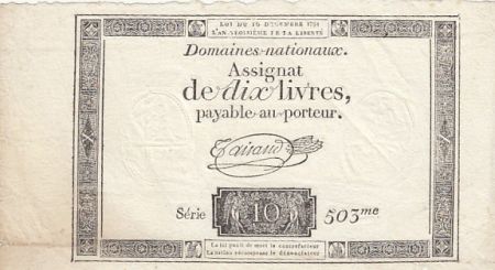 France 10 Livres Noir - Filigrane Fleur de Lys - (16-12-1791) - Sign. Taisaud - Série 503