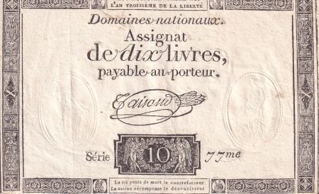 France 10 Livres Noir - Filigrane Fleur de Lys - (16-12-1791) - Sign. Taisaud - Série 77 - L.146
