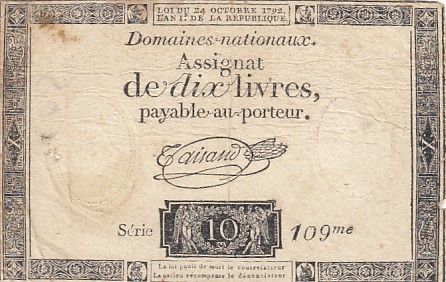 France 10 Livres Noir - Filigrane Fleur de Lys - (24-10-1792) - Sign. Taisaud - Série 109