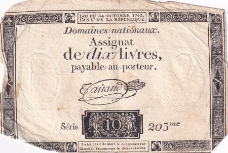 France 10 Livres Noir - Filigrane Fleur de Lys - (24-10-1792) - Sign. Taisaud - Série 203