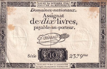 France 10 Livres Noir - Filigrane Fleur de Lys - (24-10-1792) - Sign. Taisaud - Série 2379 - L.161a