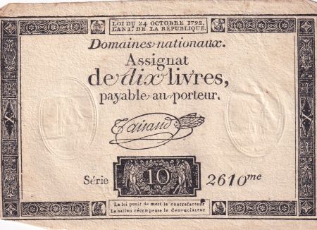 France 10 Livres Noir - Filigrane Fleur de Lys - (24-10-1792) - Sign. Taisaud - Série 2610