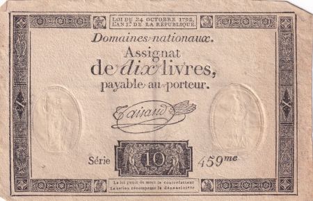 France 10 Livres Noir - Filigrane Fleur de Lys - (24-10-1792) - Sign. Taisaud - Série 459