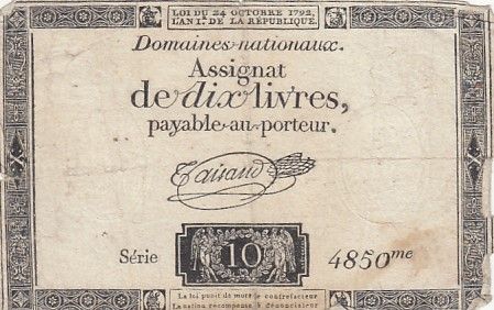 France 10 Livres Noir - Filigrane fleur de Lys - (24-10-1792) - Sign. Taisaud - Série 4850