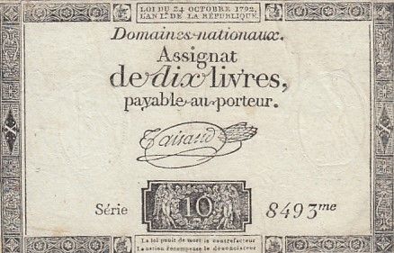 France 10 Livres Noir - Filigrane fleur de Lys - (24-10-1792) - Sign. Taisaud - Série 8493