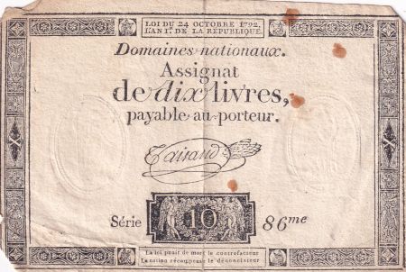 France 10 Livres Noir - Filigrane Fleur de Lys - (24-10-1792) - Sign. Taisaud - Série 86