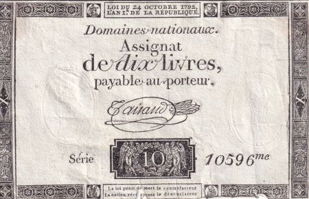 France 10 Livres Noir - Filigrane République - (24-10-1792) - Sign. Taisaud - Série 10596 - L.161b
