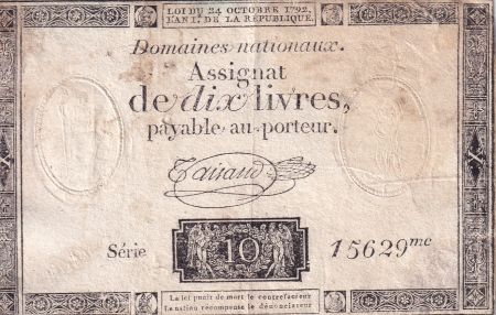 France 10 Livres Noir - Filigrane République - (24-10-1792) - Sign. Taisaud - Série 15629 - L.161b