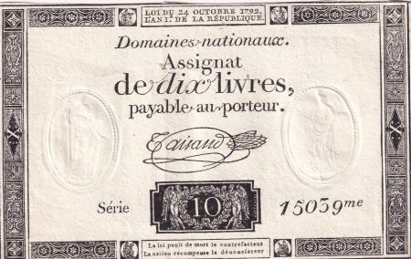 France 10 Livres Noir - Filigrane République (24-10-1792) - Série 15039 - Sign. Taisaud