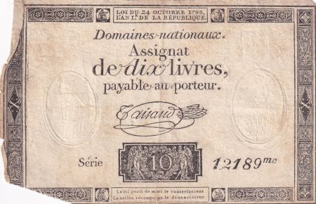 France 10 Livres Noir - Filigrane République (24-10-1792) - Sign. Taisaud - Série 12189